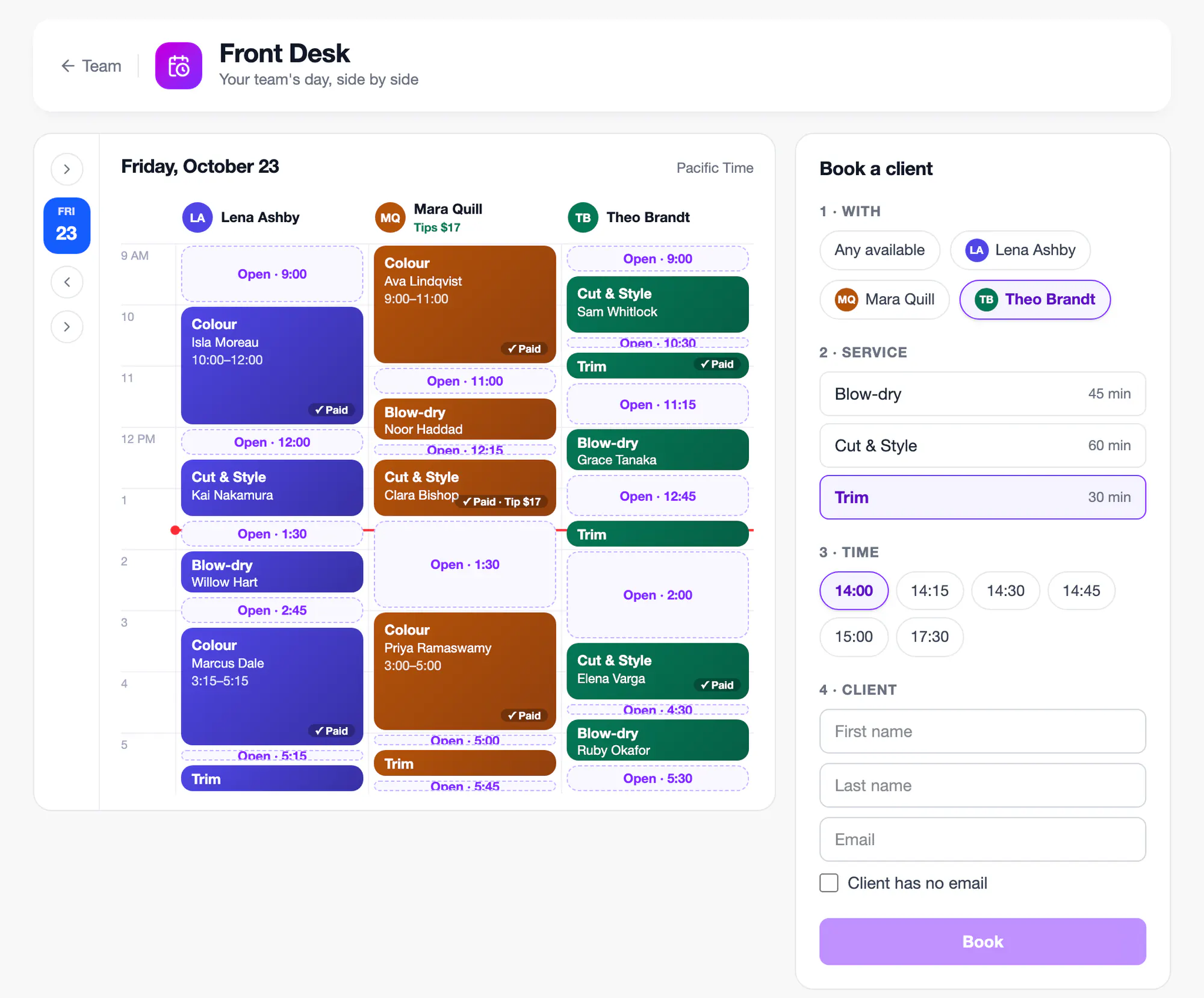 The FindTime Front Desk on sample data: three stylists’ days side by side with appointments, paid badges, a tip and open time, beside the Book a client form