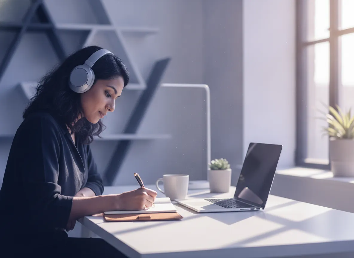 A consultant in headphones writes in a notebook during protected focus time