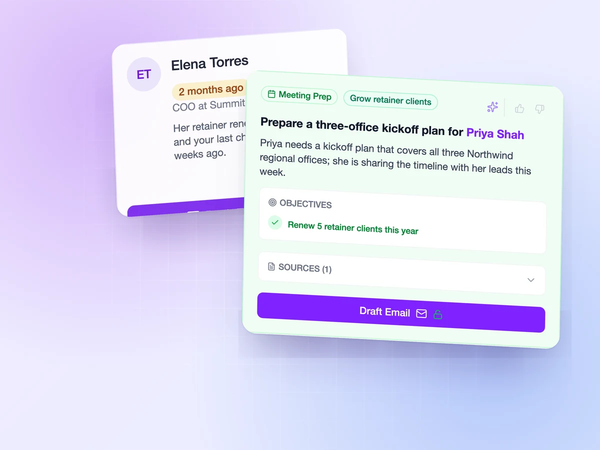 FindTime CRM meeting-prep insight for a client kickoff plan, layered over a Time to Reconnect card flagging a retainer renewal