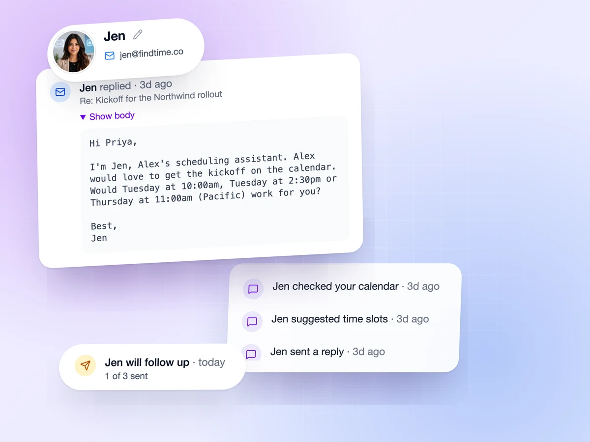 The AI Email Agent's reply offering three meeting times, with its activity log and a scheduled follow-up