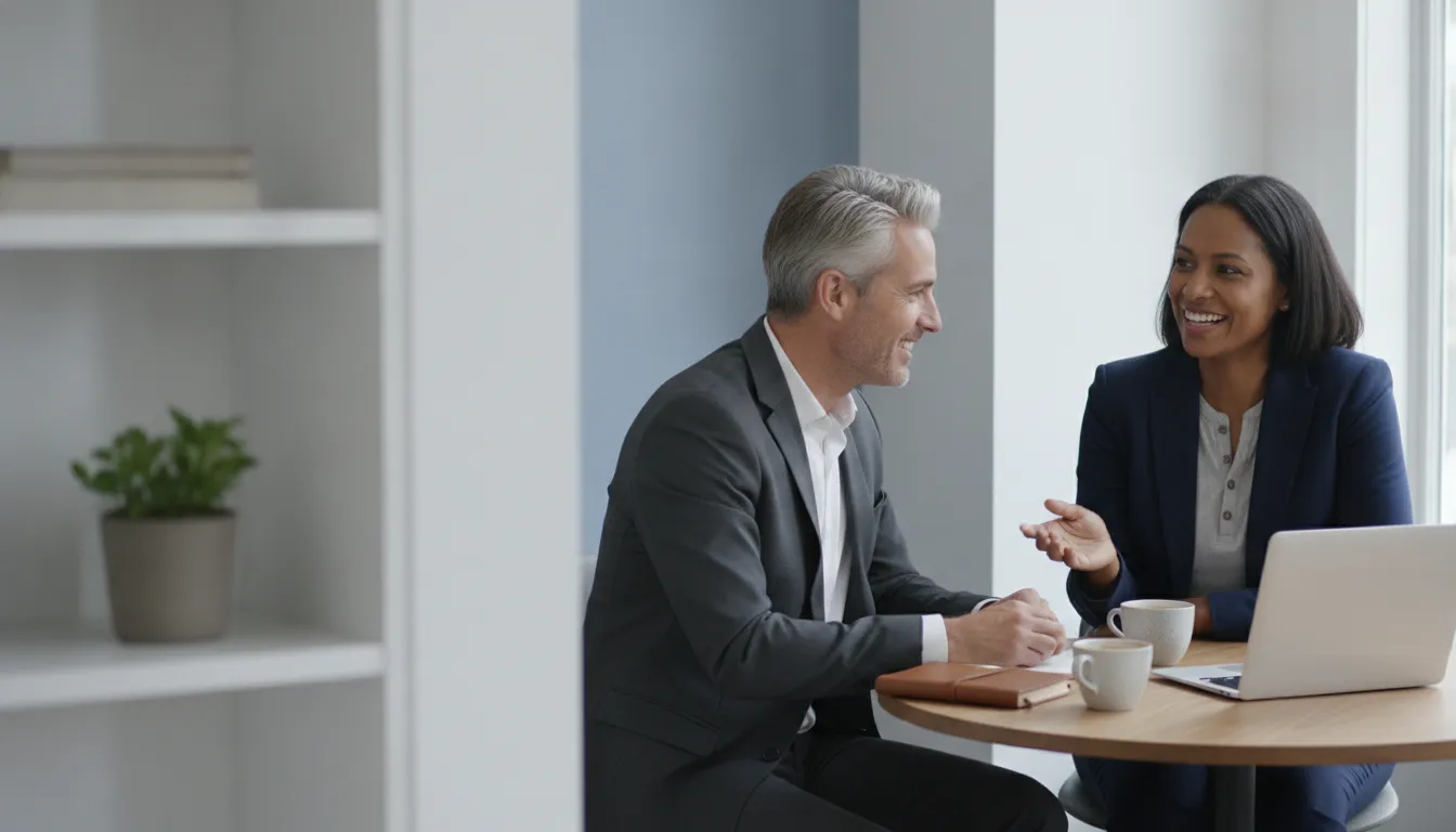 A consultant and a client smile through a strategy conversation at a small table in a bright office