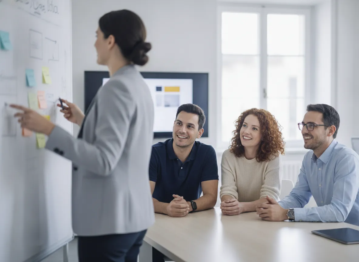 A consultant leads a whiteboard strategy workshop with three client team members