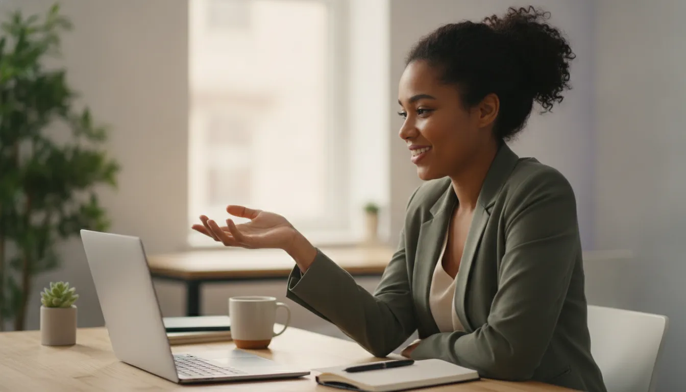 A customer success manager smiles as she talks a customer through a question on a video call