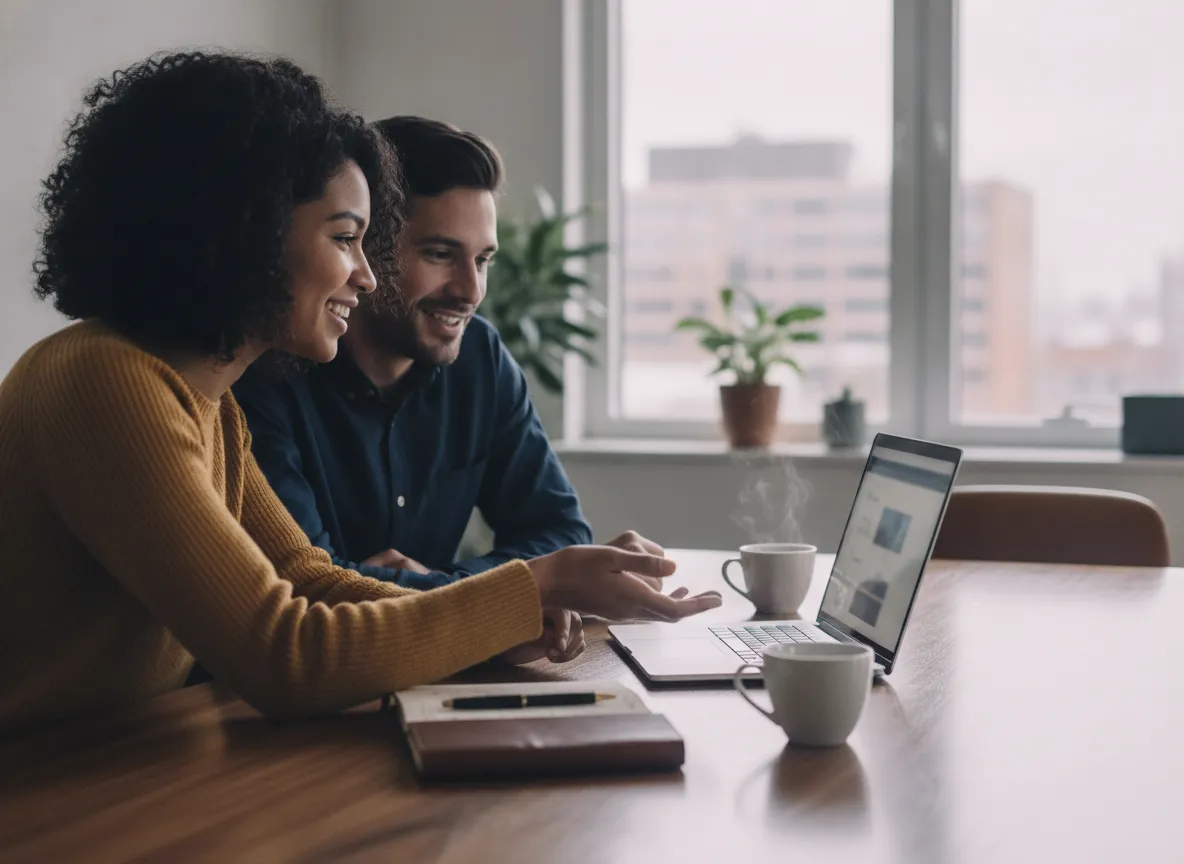 A customer success manager walks a new customer through onboarding on a laptop