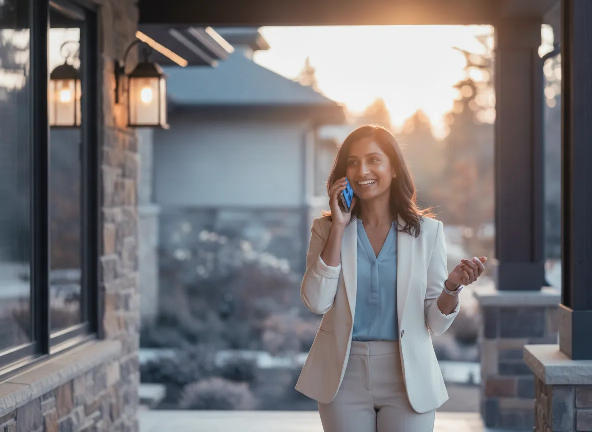A real estate agent takes a client call outside a home at sunset