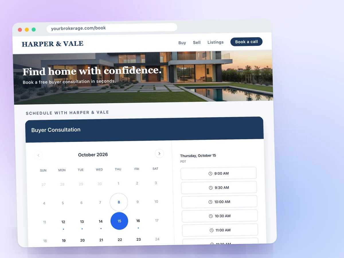 A real estate brokerage website with the FindTime booking calendar embedded for buyer consultations