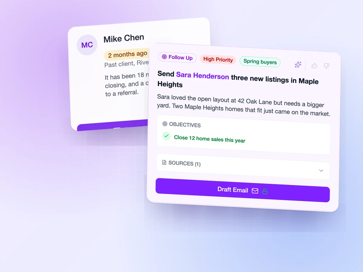 FindTime CRM insight suggesting new listings to send a buyer, layered over a Time to Reconnect card for a past client