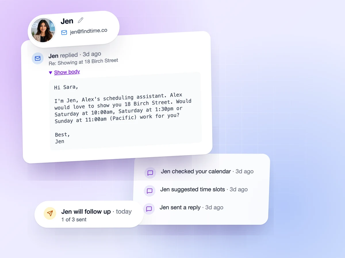 The AI Email Agent offering a buyer three weekend times for a property showing, with its activity log and a scheduled follow-up