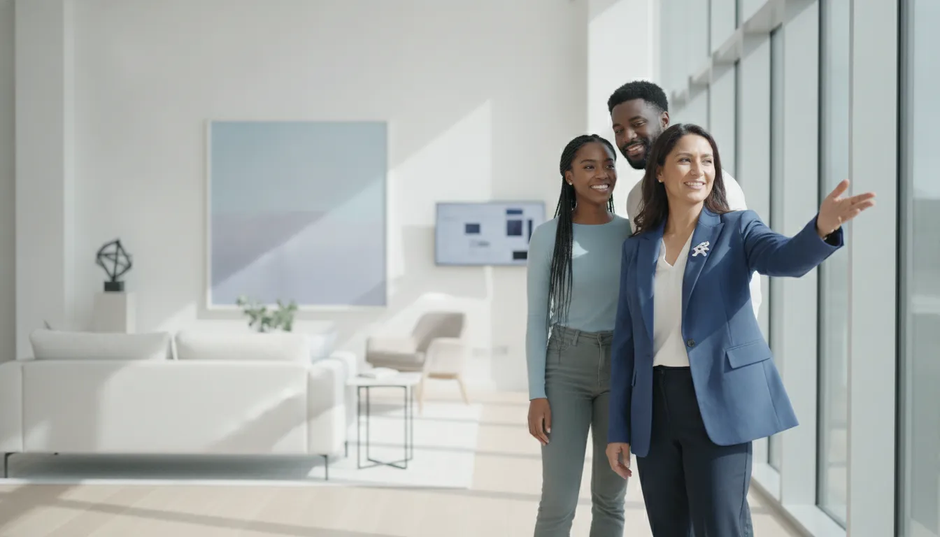 A real estate agent shows a smiling couple around the bright living room of a home for sale