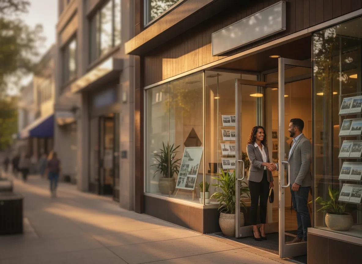 A real estate agent shakes hands with a client at the door of a boutique brokerage in warm evening light