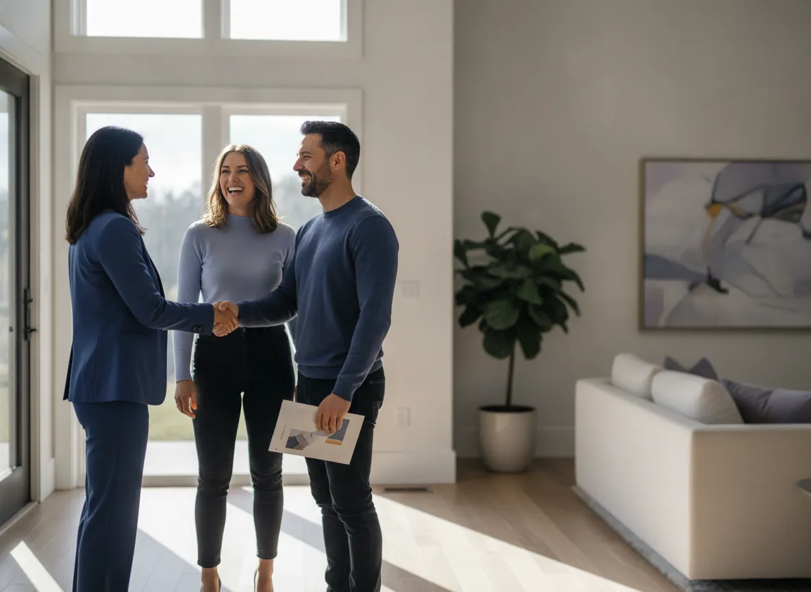 A real estate agent shakes hands with a couple in the entryway of a home during a showing