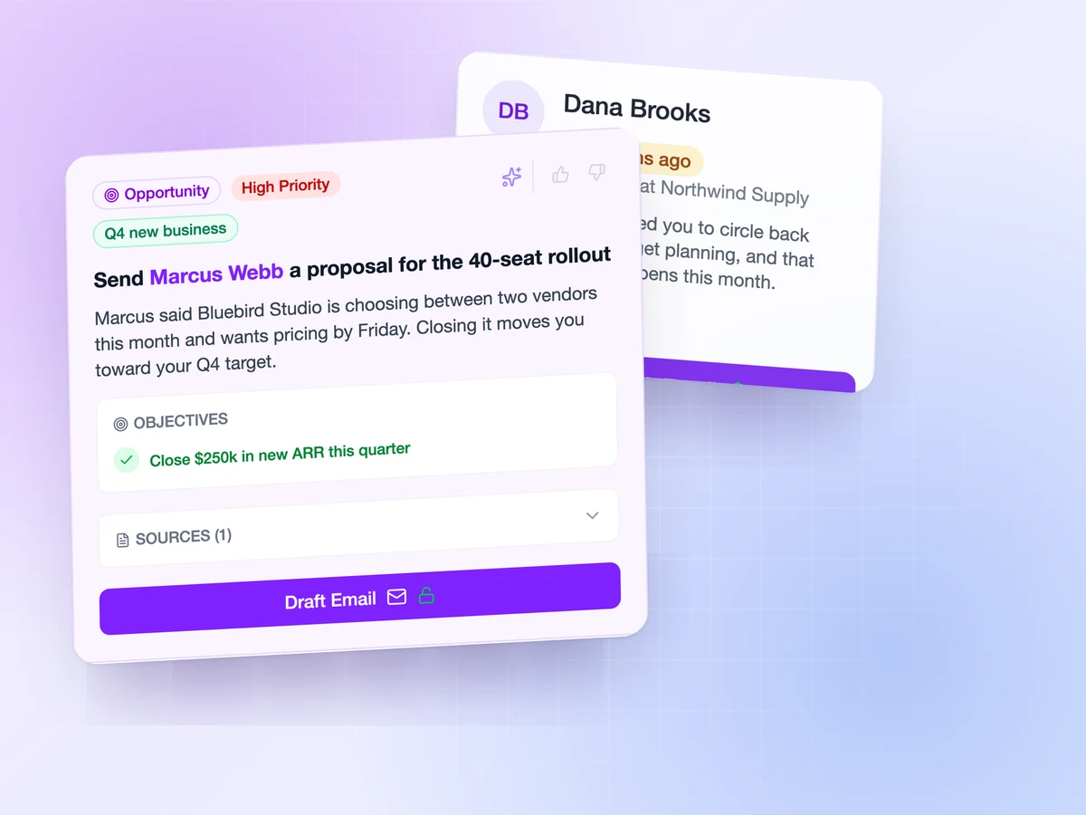 FindTime CRM insight suggesting a proposal for a 40-seat rollout, layered over a Time to Reconnect card for a sales VP