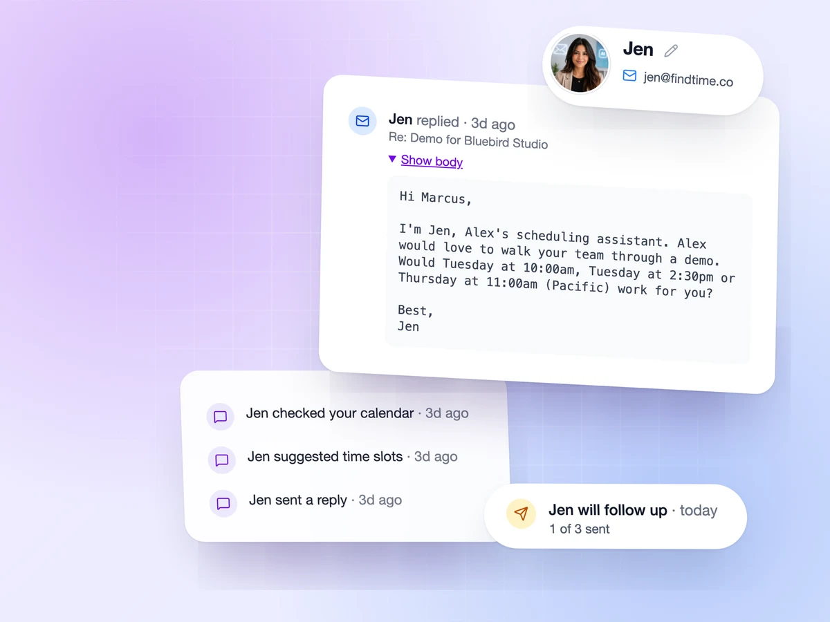 The AI Email Agent offering a prospect three times for a product demo, with its activity log and a scheduled follow-up