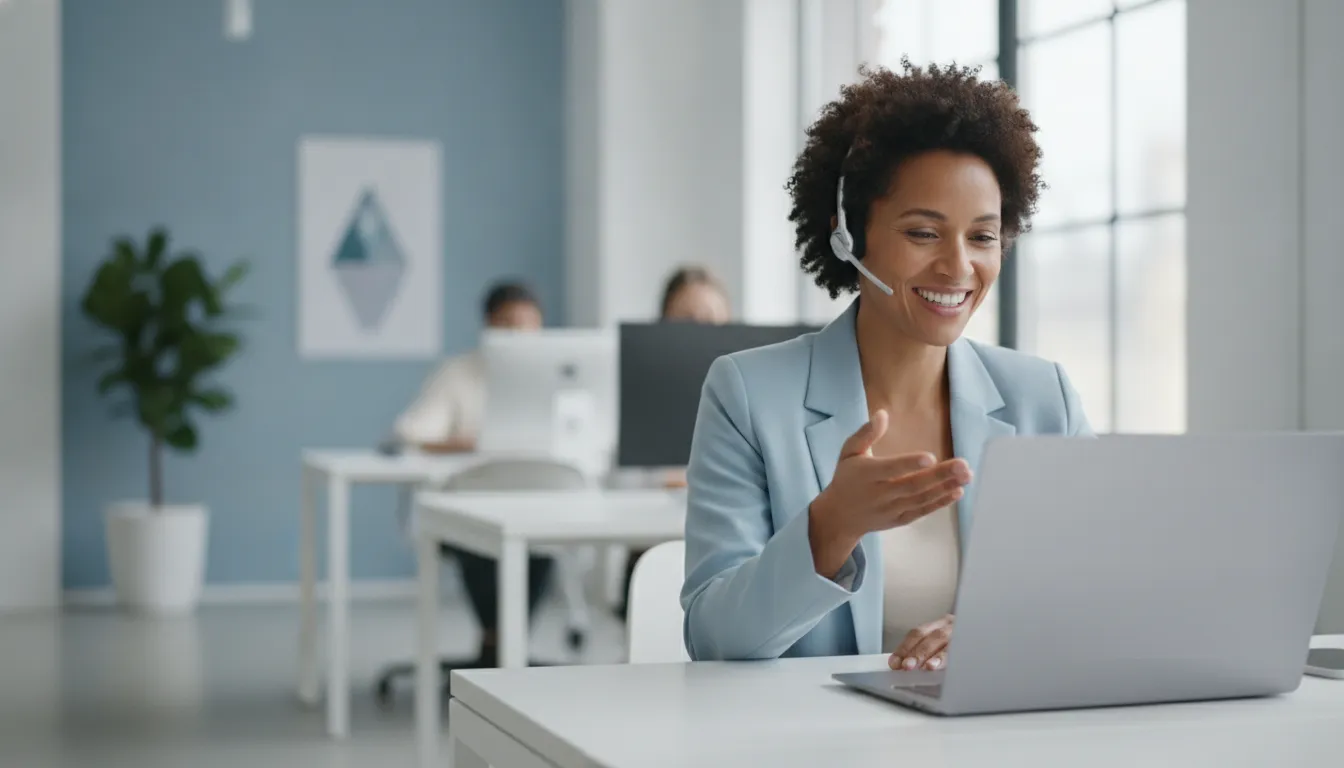 A smiling sales rep wearing a headset talks with a prospect on a video call at her laptop