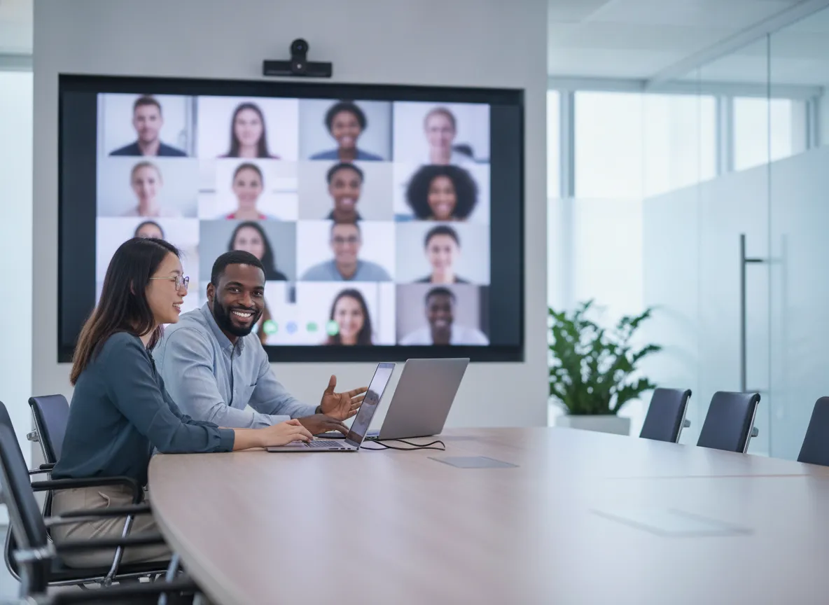 Two colleagues in a conference room on a video meeting with remote teammates on the wall screen