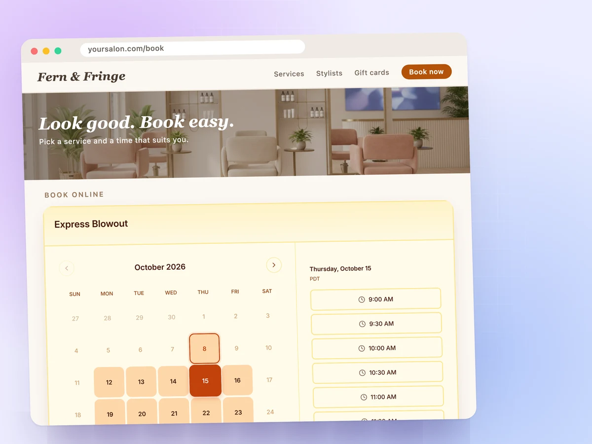 A salon website with the FindTime booking calendar embedded on its booking page