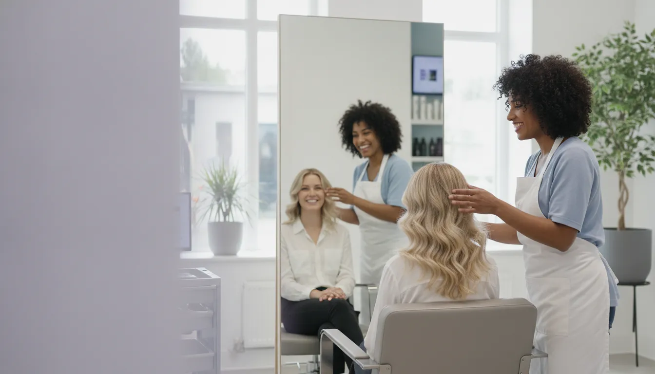 A smiling hairstylist touches up her client’s blonde waves as both smile into the styling mirror