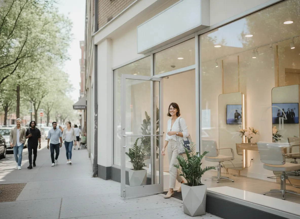 A client steps out of a bright boutique salon storefront on a tree-lined street