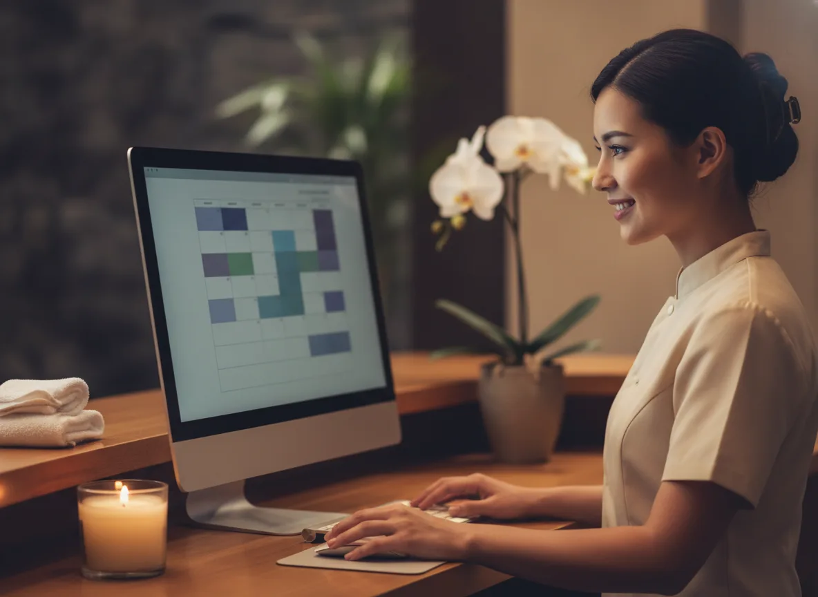A spa receptionist books a client appointment in the calendar on her front-desk computer