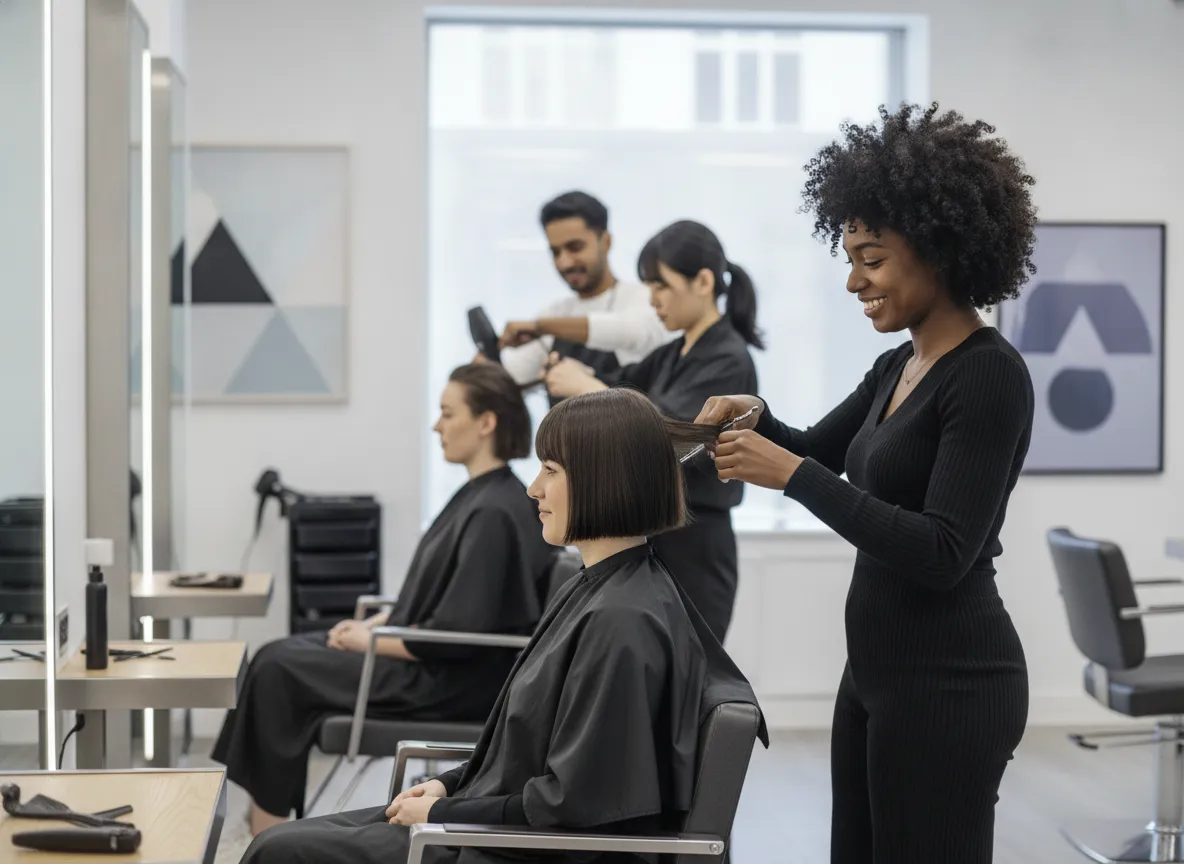 Three stylists working with clients at their stations in a modern salon
