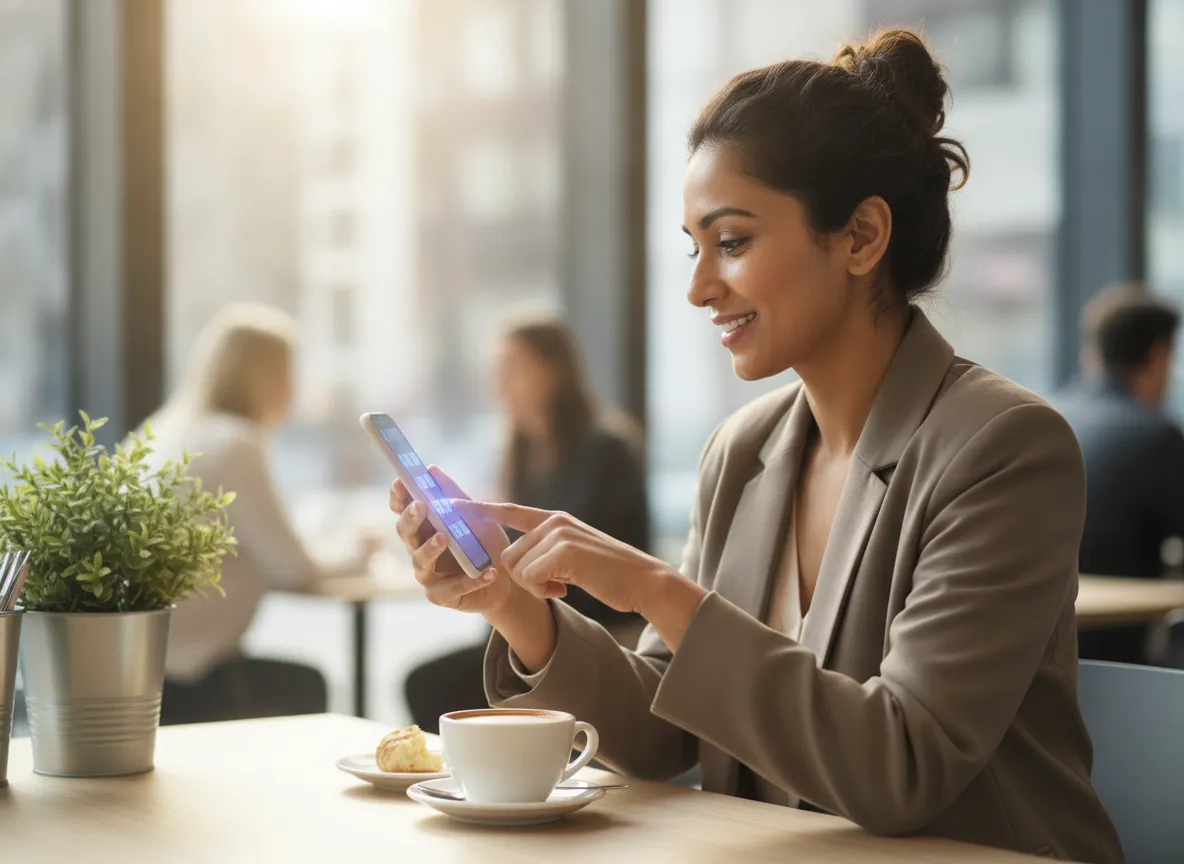 A professional in a café taps a meeting time on her phone