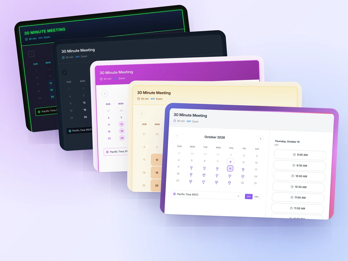 The same FindTime booking page shown in five templates, from Retro Playful and Dark Pro to Gradient Modern