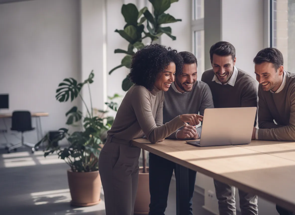 A customer success team leans in around a laptop at a standing desk during a morning stand-up