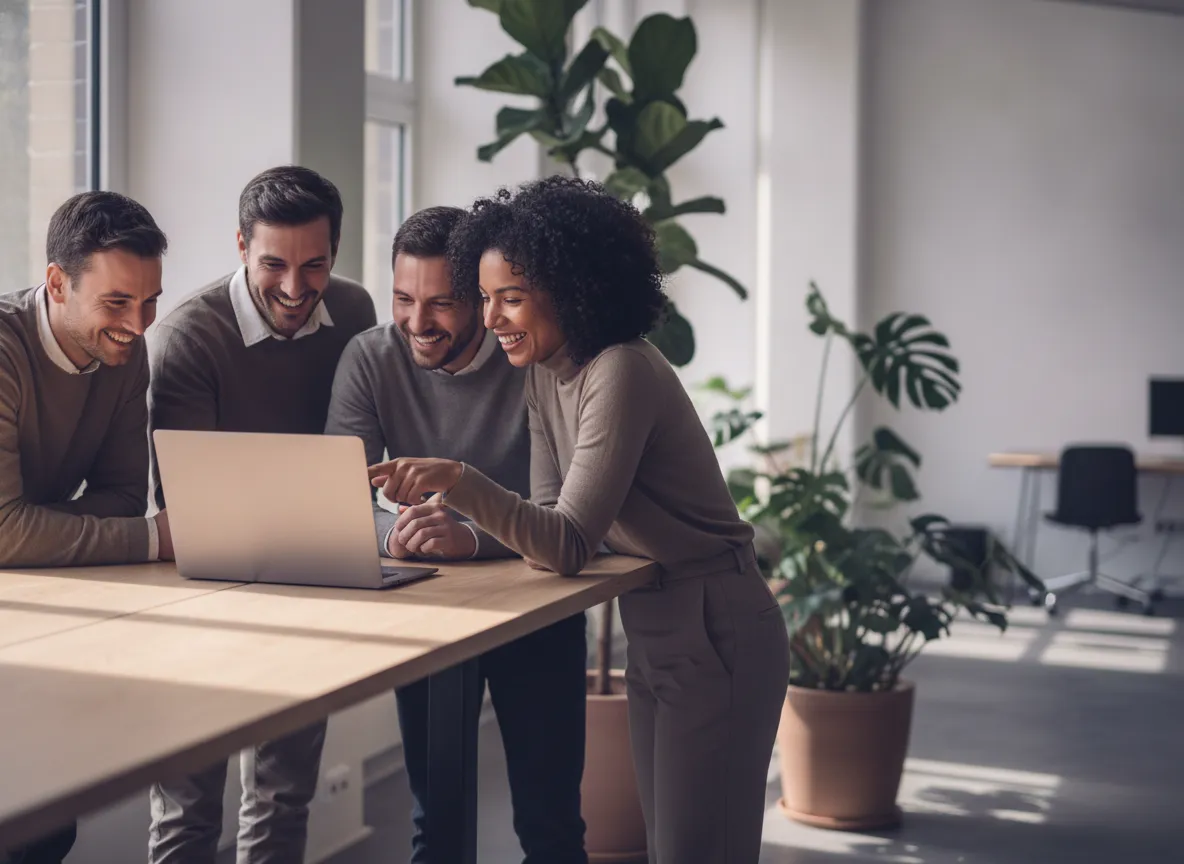 A sales team leans in around a laptop at a standing desk during a morning stand-up